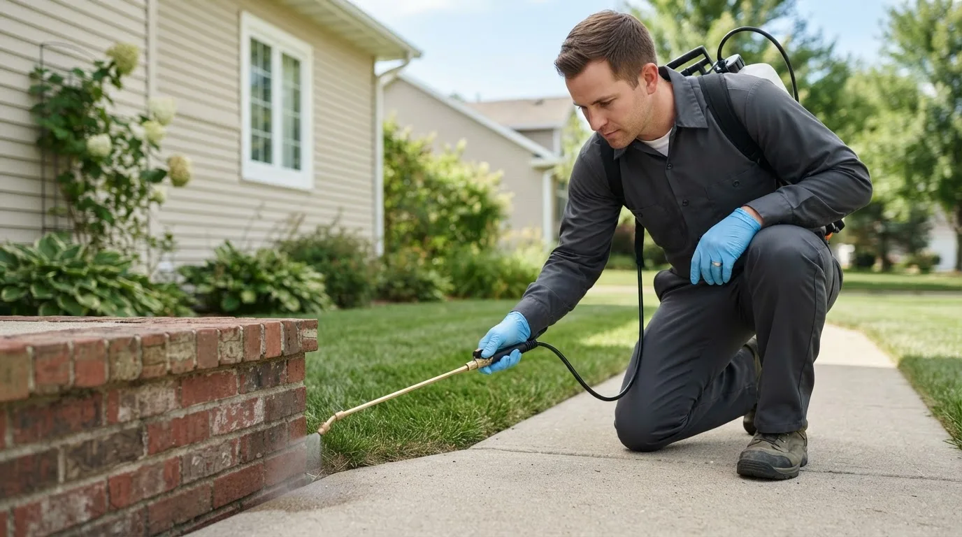 Pest control technician treating a home near Oquawka, IL