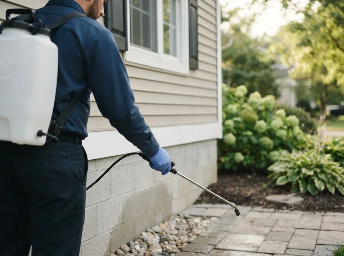 Pest control technician inspecting a home in Oquawka, IL